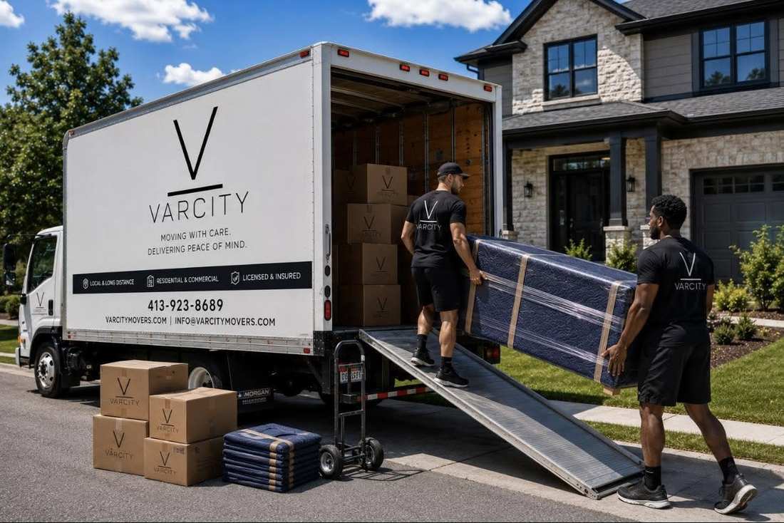 VarCity Movers truck and moving crew outside a home
